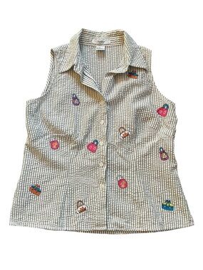 VTG Seersucker Embroidered Novelty Handbag Button Front Top Cotton Camp Shirt S